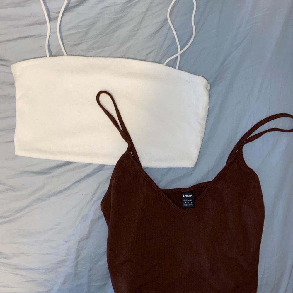SHEIN 2pack bodycon white crop top and chocolate brown cami crop top size medium